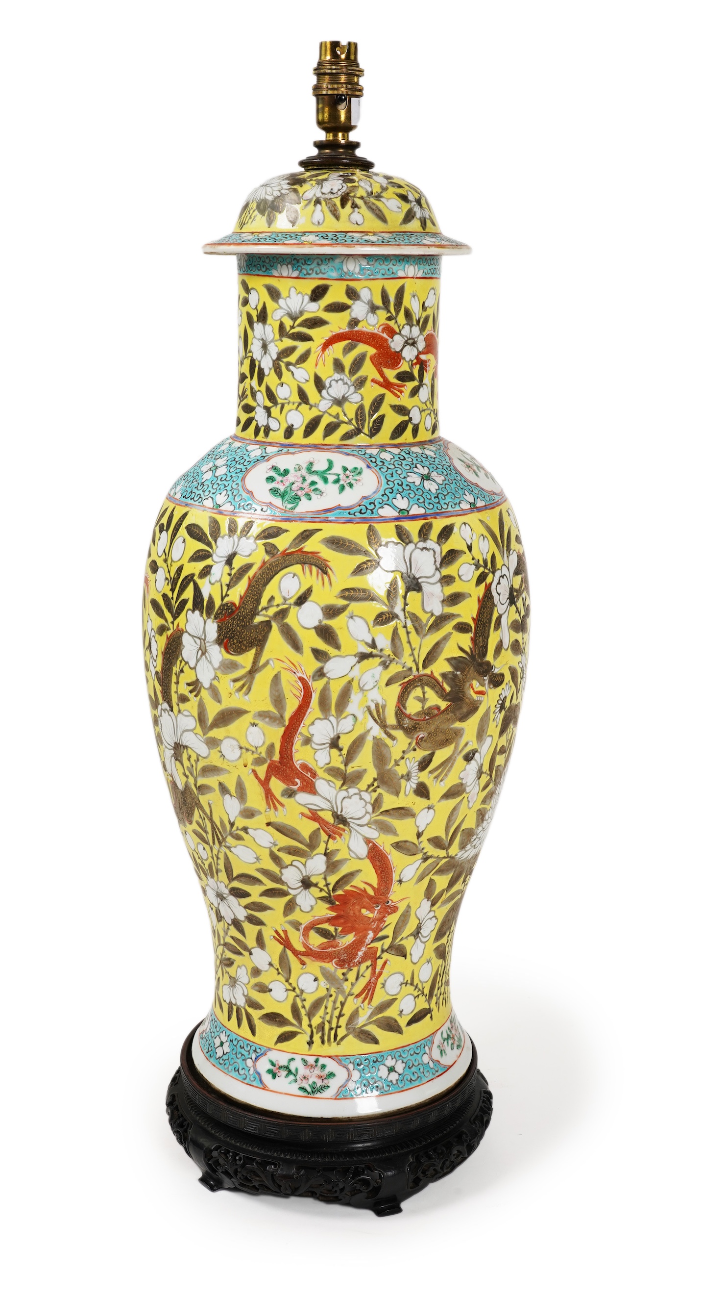 A large Chinese yellow ground ‘dragon’ vase, Guangxu period, mounted as a lamp